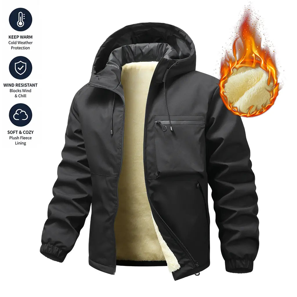 Autumn/Winter waterproof windproof hooded jacket with thick fleece lining, adjustable drawstring hood, available in multiple colors, unisex outdoor hiking commuter warm outerwear