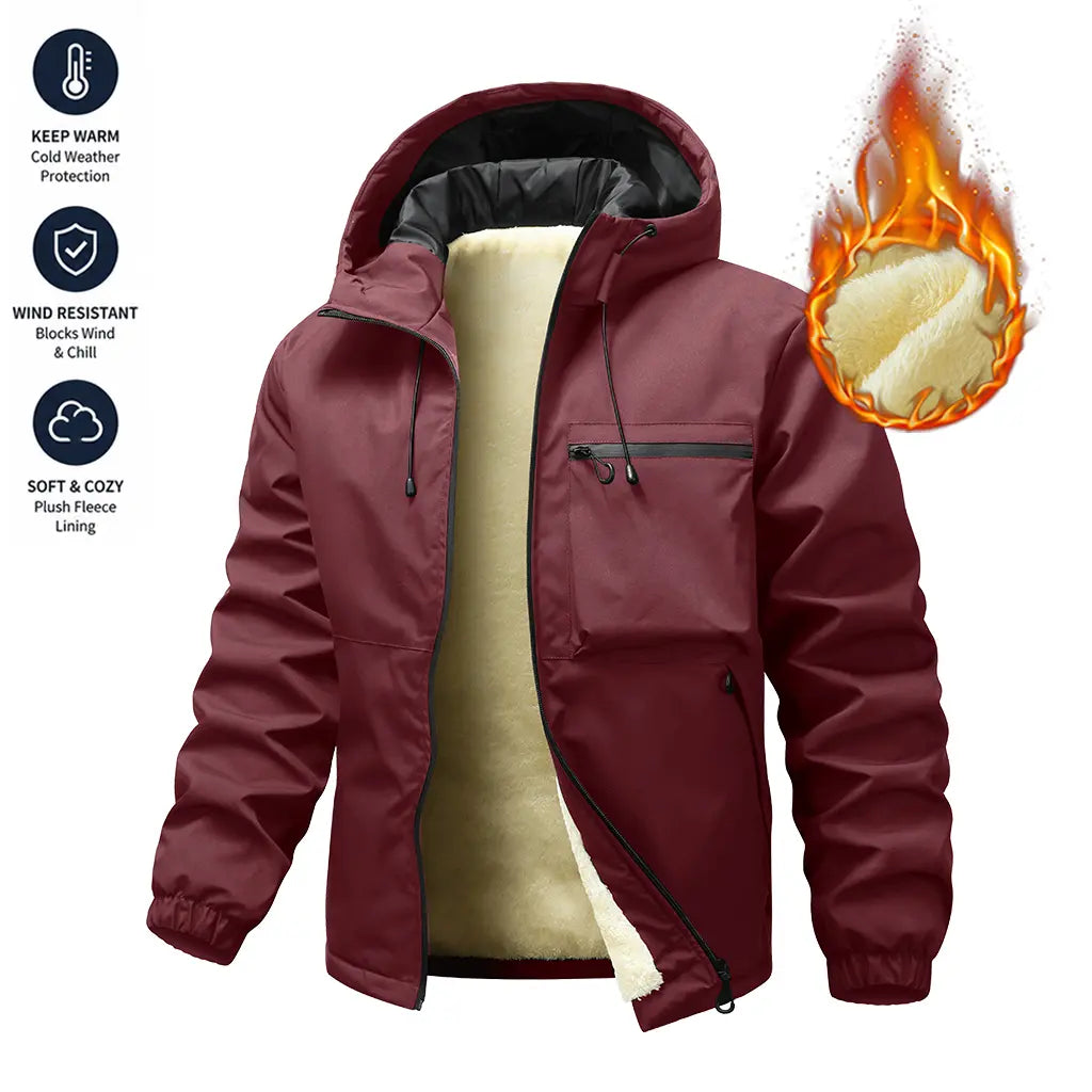 Autumn/Winter waterproof windproof hooded jacket with thick fleece lining, adjustable drawstring hood, available in multiple colors, unisex outdoor hiking commuter warm outerwear