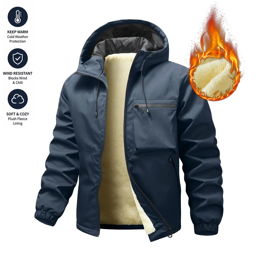 Autumn/Winter waterproof windproof hooded jacket with thick fleece lining, adjustable drawstring hood, available in multiple colors, unisex outdoor hiking commuter warm outerwear