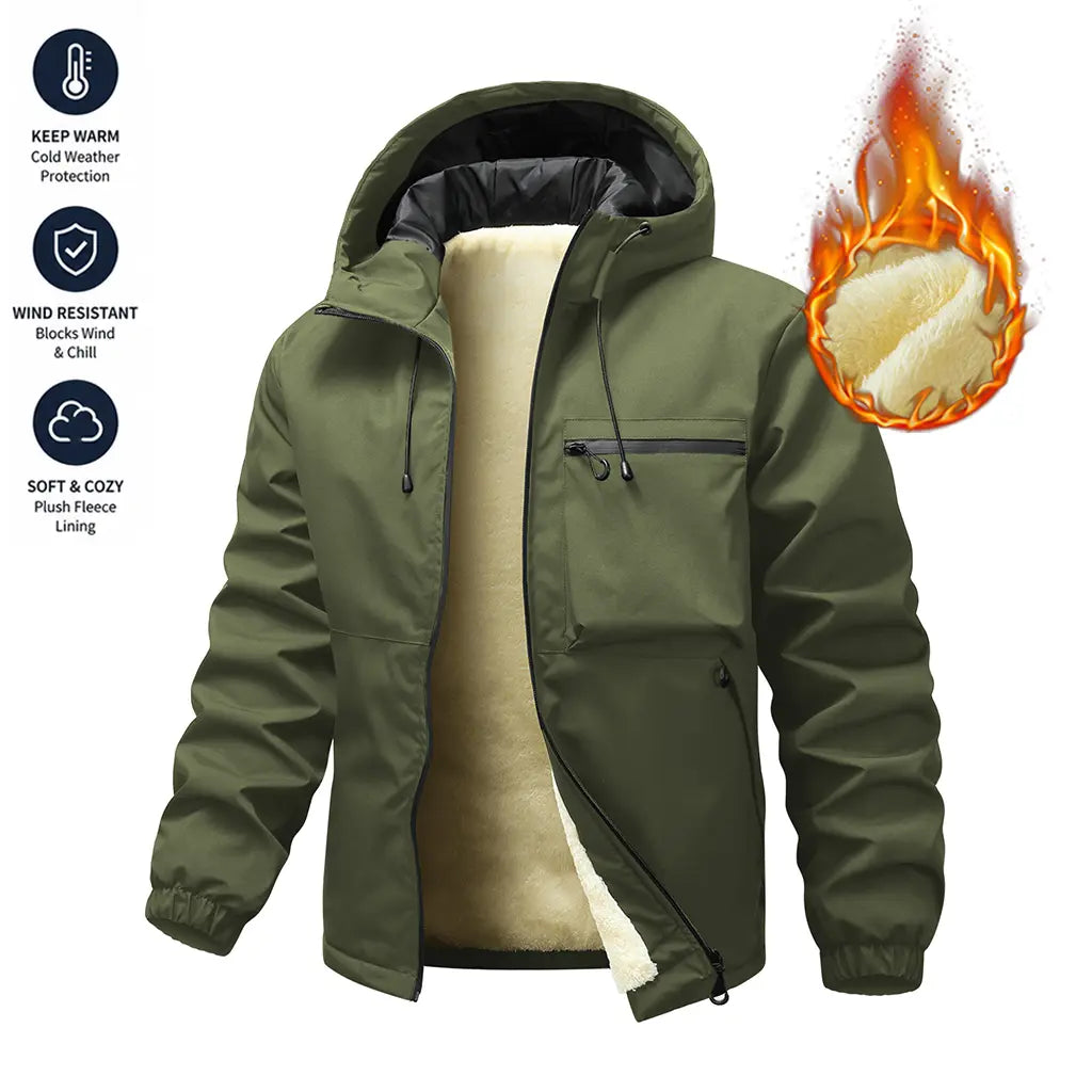 Autumn/Winter waterproof windproof hooded jacket with thick fleece lining, adjustable drawstring hood, available in multiple colors, unisex outdoor hiking commuter warm outerwear